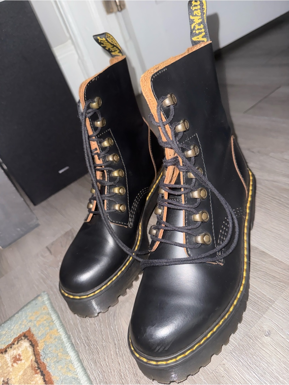 Black Lace-Up Platform Combat Boots with Yellow Stitching Dr Martens!